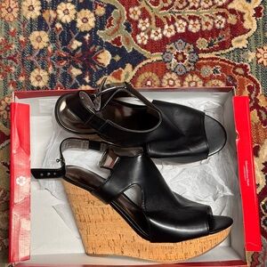 Carlos by Carlos Santana Black Leather Cork Wedge Sandals - Size 11